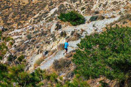 Santorini Island, Perissa, Greece - October 17, 2021 Ancient Thira hiking trail in Santorini, the ancient path to Perissa leads you through the slopes of Profitis Elias and Mesa Vouno to the topのeditorial素材