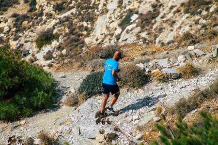 Santorini Island, Perissa, Greece - October 17, 2021 Ancient Thira hiking trail in Santorini, the ancient path to Perissa leads you through the slopes of Profitis Elias and Mesa Vouno to the topのeditorial素材