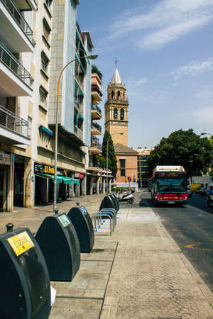 Seville Spain August 11, 2021 Bus driving through the streets of Seville during the coronavirus...