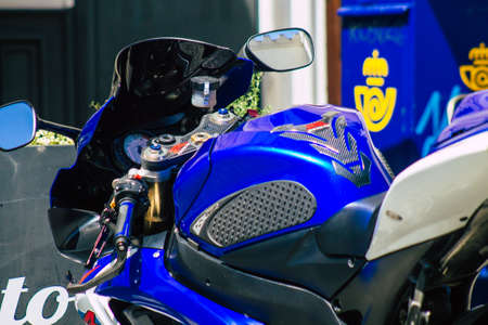 Seville Spain August 11, 2021 Suzuki GSX R motorcycle parked in the streets of Seville, an...