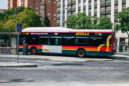 Seville Spain August 11, 2021 Bus driving through the streets of Seville during the coronavirus outbreak hitting Spainのeditorial素材