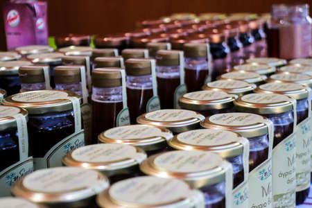 Athens, Greece - November 05, 2021 Honey festival in Athens park, Tasting and sale of jars of...