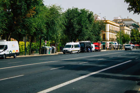 Seville Spain August 11, 2021 Ambulance driving through the streets of Seville during the coronavirus outbreak hitting Spainのeditorial素材