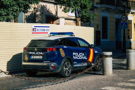 Seville Spain August 11, 2021 Police car patrolling in the streets of Seville during the coronavirus outbreak hitting Spainのeditorial素材