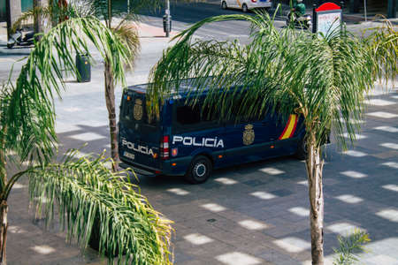 Seville Spain August 11, 2021 Police car patrolling in the streets of Seville during the coronavirus outbreak hitting Spainのeditorial素材