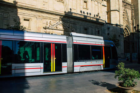 Seville Spain August 11, 2021 Modern electric tram for passengers rolling through the streets of...