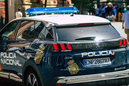Seville Spain August 11, 2021 Police car patrolling in the streets of Seville during the coronavirus outbreak hitting Spainのeditorial素材