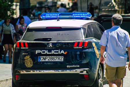 Seville Spain August 11, 2021 Police car patrolling in the streets of Seville during the coronavirus outbreak hitting Spainのeditorial素材