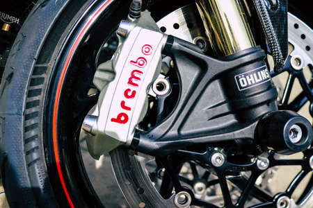 Athens, Greece - November 10, 2021 Triumph motorcycles parked in front of the dealer, the largest...
