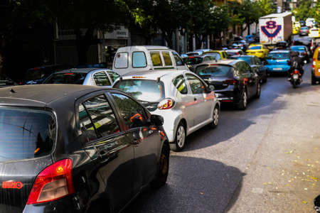 Athens, Greece - November 22, 2021 Traffic jam in downtown Athens. The central roads of downtown...