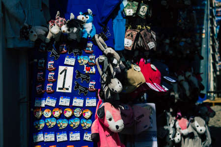 Santorini Island, Fira, Greece - October 23, 2021 Decorative objects, accessories and goods sold to...