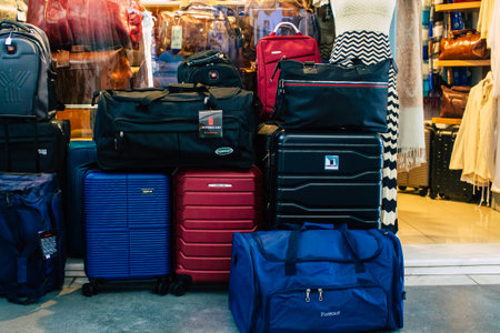 Santorini Island, Fira, Greece - October 23, 2021 Decorative objects, accessories and goods sold to tourists in souvenir shops of Fira, tourist town and capital of Santorini in the Greek Islandsのeditorial素材