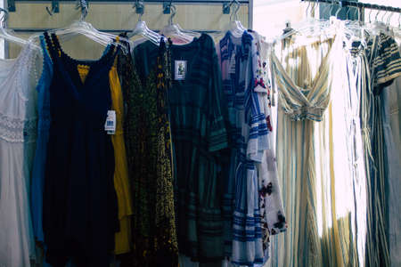 Santorini Island, Fira, Greece - October 23, 2021 Decorative objects, accessories and goods sold to tourists in souvenir shops of Fira, tourist town and capital of Santorini in the Greek Islandsのeditorial素材