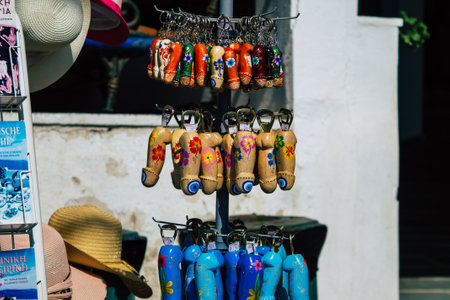 Santorini Island, Fira, Greece - October 23, 2021 Decorative objects, accessories and goods sold to tourists in souvenir shops of Fira, tourist town and capital of Santorini in the Greek Islandsのeditorial素材