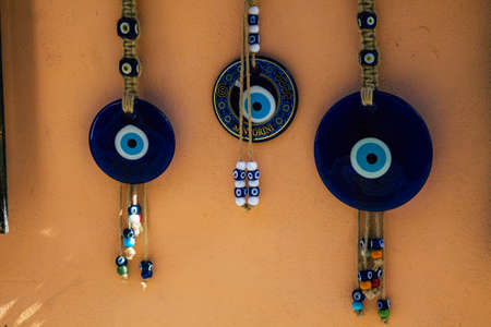 Santorini Island, Fira, Greece - October 23, 2021 Decorative objects, accessories and goods sold to...