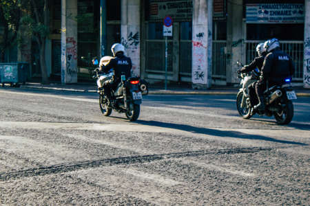 Athens, Greece - November 20, 2021 Greek police on patrol in the city center of Athens during the coronavirus epidemic hitting Greeceのeditorial素材