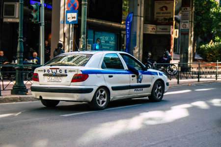 Athens, Greece - November 20, 2021 Greek police on patrol in the city center of Athens during the coronavirus epidemic hitting Greeceのeditorial素材