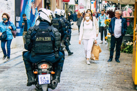 Athens, Greece - November 20, 2021 Greek police on patrol in the city center of Athens during the coronavirus epidemic hitting Greeceのeditorial素材