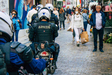 Athens, Greece - November 20, 2021 Greek police on patrol in the city center of Athens during the coronavirus epidemic hitting Greeceのeditorial素材