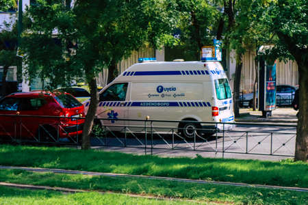 Athens, Greece - November 20, 2021 Greek ambulance driving through the streets of Athens during the coronavirus outbreak hitting Greeceのeditorial素材