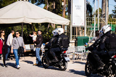 Athens, Greece - November 22, 2021 Greek police on patrol in the city center of Athens during the...