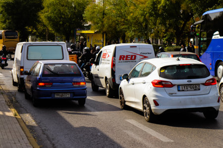 Athens, Greece - November 22, 2021 Traffic jam in downtown Athens. The central roads of downtown Athens but also the vertical roads are endless of continuous trafficのeditorial素材