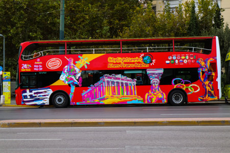 Athens, Greece - November 22, 2021 Tourist bus driving through the streets of Athens during the...