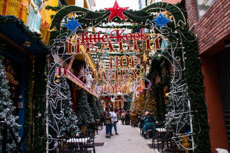Athens, Greece - November 22, 2021 Traditional christmas decorations in the streets of Athens during the coronavirus outbreak hitting Greece, wearing a mask is not mandatoryのeditorial素材