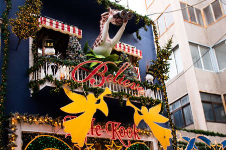 Athens, Greece - November 22, 2021 Traditional christmas decorations in the streets of Athens during the coronavirus outbreak hitting Greece, wearing a mask is not mandatoryのeditorial素材