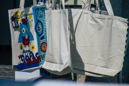 Santorini Island, Fira, Greece - October 23, 2021 Decorative objects, accessories and goods sold to tourists in souvenir shops of Fira, tourist town and capital of Santorini in the Greek Islandsのeditorial素材