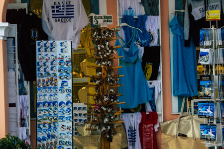 Santorini Island, Fira, Greece - October 23, 2021 Decorative objects, accessories and goods sold to tourists in souvenir shops of Fira, tourist town and capital of Santorini in the Greek Islandsのeditorial素材