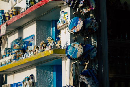 Santorini Island, Fira, Greece - October 23, 2021 Decorative objects, accessories and goods sold to tourists in souvenir shops of Fira, tourist town and capital of Santorini in the Greek Islandsのeditorial素材
