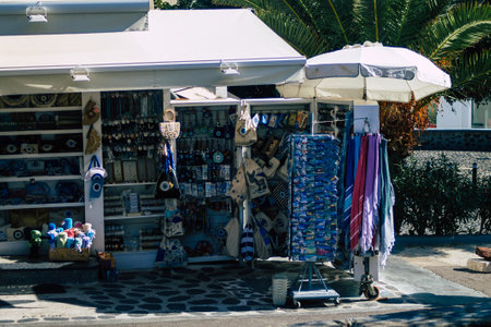 Santorini Island, Fira, Greece - October 23, 2021 Decorative objects, accessories and goods sold to tourists in souvenir shops of Fira, tourist town and capital of Santorini in the Greek Islandsのeditorial素材