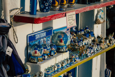 Santorini Island, Fira, Greece - October 23, 2021 Decorative objects, accessories and goods sold to tourists in souvenir shops of Fira, tourist town and capital of Santorini in the Greek Islandsのeditorial素材