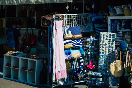 Santorini Island, Fira, Greece - October 23, 2021 Decorative objects, accessories and goods sold to tourists in souvenir shops of Fira, tourist town and capital of Santorini in the Greek Islandsのeditorial素材