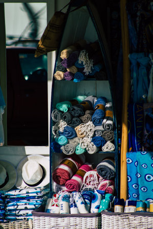 Santorini Island, Fira, Greece - October 23, 2021 Decorative objects, accessories and goods sold to tourists in souvenir shops of Fira, tourist town and capital of Santorini in the Greek Islandsのeditorial素材