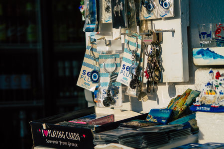 Santorini Island, Fira, Greece - October 23, 2021 Decorative objects, accessories and goods sold to tourists in souvenir shops of Fira, tourist town and capital of Santorini in the Greek Islandsのeditorial素材