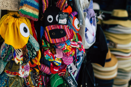 Santorini Island, Fira, Greece - October 23, 2021 Decorative objects, accessories and goods sold to tourists in souvenir shops of Fira, tourist town and capital of Santorini in the Greek Islandsのeditorial素材