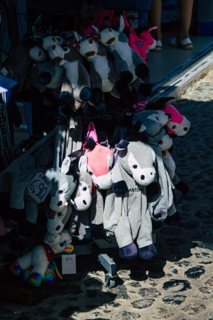 Santorini Island, Fira, Greece - October 23, 2021 Decorative objects, accessories and goods sold to tourists in souvenir shops of Fira, tourist town and capital of Santorini in the Greek Islandsのeditorial素材