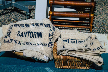 Santorini Island, Fira, Greece - October 23, 2021 Decorative objects, accessories and goods sold to tourists in souvenir shops of Fira, tourist town and capital of Santorini in the Greek Islandsのeditorial素材