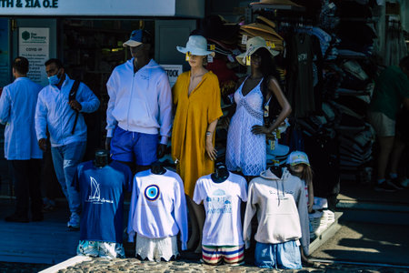 Santorini Island, Fira, Greece - October 23, 2021 Decorative objects, accessories and goods sold to tourists in souvenir shops of Fira, tourist town and capital of Santorini in the Greek Islandsのeditorial素材