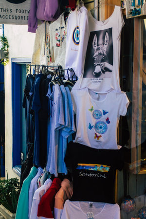 Santorini Island, Fira, Greece - October 23, 2021 Decorative objects, accessories and goods sold to tourists in souvenir shops of Fira, tourist town and capital of Santorini in the Greek Islandsのeditorial素材