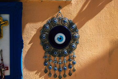 Santorini Island, Fira, Greece - October 23, 2021 Decorative objects, accessories and goods sold to tourists in souvenir shops of Fira, tourist town and capital of Santorini in the Greek Islandsのeditorial素材