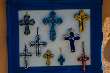 Santorini Island, Fira, Greece - October 23, 2021 Decorative objects, accessories and goods sold to tourists in souvenir shops of Fira, tourist town and capital of Santorini in the Greek Islandsのeditorial素材