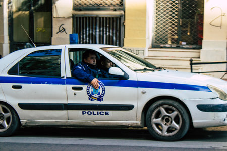 Athens, Greece - November 20, 2021 Greek police on patrol in the city center of Athens during the coronavirus epidemic hitting Greeceのeditorial素材
