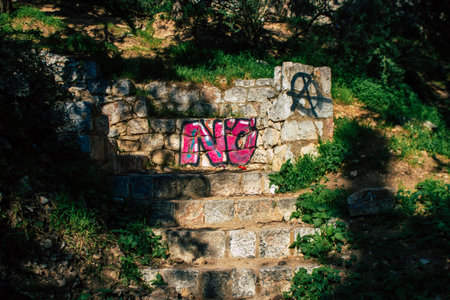 Athens, Greece - November 20, 2021 StrÃ©fi Hill is an urban nature park covered in tags and...