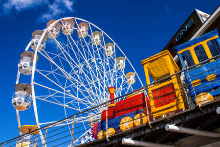 Limassol, Cyprus - December 17, 2021 Festive Christmas amusement park, with fancy ornaments, the most modern games and dozens of fun activities for young and old at The Old Port area in Limassolの写真素材