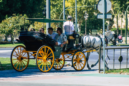 Seville Spain August 28, 2021 Horse drawn carriage ride through the streets of Seville during the coronavirus outbreak hitting Spain, wearing a mask is mandatoryのeditorial素材