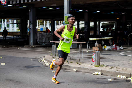 Tel Aviv, Israel - February 25, 2022 Runners in the street of Tel Aviv at the Samsung Marathon which...