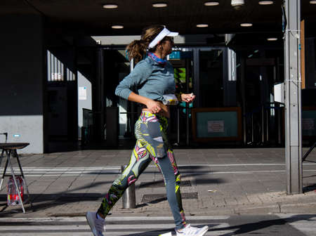 Tel Aviv, Israel - February 25, 2022 Runners in the street of Tel Aviv at the Samsung Marathon which...